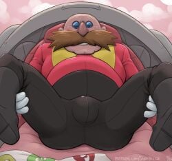 1boy 2024 bald bald_male black_pants bulge clothed clothing dr._eggman dr_robotnik dudebulge duo eggman facial_hair fat fat_belly fat_male gloves hands_on_legs human human_only jacket light-skinned_male light_skin looking_at_viewer male male_only mammal mature mature_male moustache overweight overweight_male pants red_jacket sega sitting smiling solo sonic_(series) sonic_the_hedgehog_(series) white_gloves