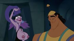 1boy 1girls bedaxe big_breasts breasts clothing disney disney_villains edit female kronk male nipples peruvian_male screenshot screenshot_edit the_emperor's_new_groove yzma