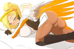 1girls areola ass blizzard_entertainment blonde_hair blue_eyes blush breasts bubble_butt busty cameltoe cleavage curvaceous curvy dat_ass erect_nipples eyelashes fatelogic female huge_ass huge_breasts long_hair mercy on_bed overwatch partially_nude pink_lips solo tights translation_request vagina video_games voluptuous wide_hips