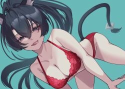 1girls absurdres aqua_background aqua_eyes arknights black_hair black_tail blaze_(arknights) bra breasts cleavage collarbone come_hither commentary_request female hair_between_eyes heart heart-shaped_pupils highres kokawaaokawa large_breasts long_hair looking_at_viewer panties red_bra red_panties simple_background smile solo symbol-shaped_pupils tail tongue tongue_out underwear underwear_only