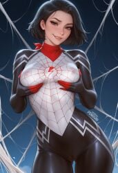 1girls ai_generated asian_female bandana black_hair breast_grab breast_lift breasts brown_eyes cameltoe cindy_moon clothed covered_nipples female female_focus female_only grabbing_breasts heroine innocent light-skinned_female light_skin looking_at_viewer marvel medium_breasts nerd nipples nipples_visible_through_clothing patreon_username penguih short_hair silk_(marvel) solo solo_female spider-man_(series) spider_girl spider_web thick_thighs web