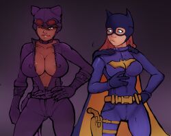 2girls barbara_gordon batgirl batgirl_(barbara_gordon) batgirl_(gotham_knights) batman:_arkham_knight batman_(series) big_breasts biting_own_lip breasts cape catwoman cleavage dark-skinned_female dark_skin dc dc_comics female female_only gotham_knights heroine imminent_sex light-skinned_female light_skin markydaysaid mask masked_female multiple_girls nipple_bulge nipple_slip nipples no_bra pokies selina_kyle smile smiling_at_partner teasing unzipping visible_nipples wink yuri zipper zipper_down