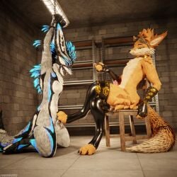 1:1 3d_(artwork) absurd_res anal anal_sex animal_genitalia animal_penis anthro anthro_on_anthro anthro_penetrated arm_warmers armwear ball_gag balls basement biped black_body black_fur blender_(artwork) blender_cycles bodily_fluids bondage bondage bound brown_body brown_fur canid canine canine_genitalia canine_penis canis chained chained_cuffs chains chair chastity_cage chastity_device claws clothed clothing cum cum_drip cum_dripping_from_penis cum_on_penis depth_of_field digital_media_(artwork) dildo dildo_insertion dildo_sitting dominant dragonplayer dragonplayer_(character) dripping dungeon duo erection feet foot_fetish foot_focus foot_on_penis foot_play fox fur furniture gag genital_fluids genitals grey_body grey_fur hair hi_res hindpaw hybrid inside jex kneeling knot latex latex_arm_warmers latex_armwear latex_clothing latex_legwear latex_thigh_highs legwear male male/male male_penetrated mammal metal_chastity_cage multicolored_body nude on_chair open_mouth orgasm paws penetration penis reflection rexouium rolen sex sex_toy sex_toy_insertion sitting sitting_on_chair slim slim_anthro slim_male slim_sub smile submissive submissive_male tail thigh_highs white_body white_fur