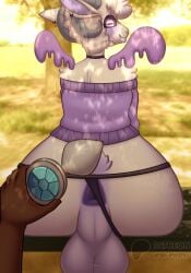 absurd_res angie_imagines anthro anus ass balls bench big_balls black_coded blush blush_lines bovid buttplug caprine choker clothing curled_horn dark_sclera duo ear_piercing femboy fur genitals hi_res horn hybrid jewelry lips looking_at_viewer male mammal milqy_(angie_imagines) necklace park park_bench piercing plug_(sex_toy) public public_nudity purple_eyes sex_toy sheep solo_focus sweater thick_lips thong topwear underwear white_body white_fur white_wool wings wool_(fur)