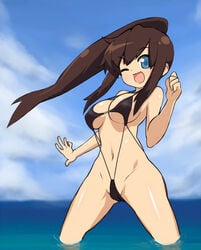 1girls artist_request bikini birdy_cephon_altera birdy_the_mighty breasts brown_hair canon_genderswap curvy female humanoid large_breasts light-skinned_female light_skin long_hair shion_arita solo swimsuit tagme wide_hips