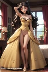 1girls ai_generated arm_behind_head arm_up armpits artist_name bare_shoulders bed black_choker black_hair breasts choker cleavage closed_eyes collarbone curtains dress earrings facing_viewer fate/stay_night fate_(series) female flower full_body hair_ribbon hi_res indoors jewelry lamp long_hair long_legs medium_breasts no_panties patreon_username progenarts pussy ribbon solo standing tohsaka_rin two_side_up uncensored web_address window yellow_dress yellow_footwear