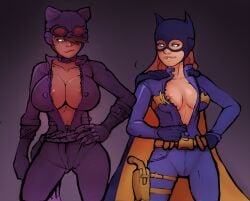2girls barbara_gordon batgirl batgirl_(barbara_gordon) batgirl_(gotham_knights) batman:_arkham_knight batman_(series) big_breasts biting_own_lip breasts cape catwoman cleavage dark-skinned_female dark_skin dc dc_comics female female_only gotham_knights heroine imminent_sex light-skinned_female light_skin markydaysaid mask masked_female multiple_girls nipple_bulge nipple_slip nipples no_bra pokies selina_kyle smile smiling_at_partner teasing unzipping visible_nipples wink yuri zipper zipper_down