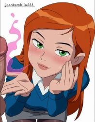 ai_generated ben_10 ben_10_alien_force ben_10_ultimate_alien breasts cartoon_network female gwen_tennyson gwen_tennyson_(alien_force) gwen_tennyson_(ultimate_alien) jeanbombila666 male oppai penis penis_on_face