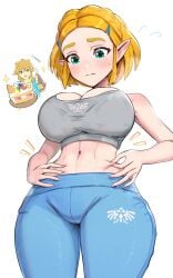 1boy alternate_costume blonde_hair blue_eyes blue_leggings blue_shirt blush braid breasts cake cake_slice champion's_tunic_(zelda) cleavage closed_mouth crown_braid female fingerless_gloves food gloves gonzarez green_eyes grey_sports_bra hair_ornament hairclip highres large_breasts leggings link male midriff navel nintendo pants pinching_belly plate pointy_ears princess_zelda shirt short_hair sidelocks simple_background sports_bra sportswear stomach sweat sweatdrop the_legend_of_zelda the_legend_of_zelda:_tears_of_the_kingdom the_legend_of_zelda:_tears_of_the_kingdomgonzarez white_background workout_clothes yoga_pants