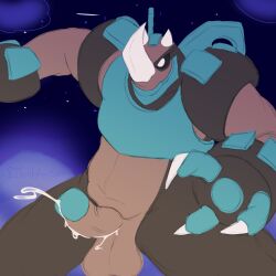 3_fingers absurd_res anthro armor balls black_sclera bodily_fluids breastplate brown_body claws cloud cum cumshot dinosaur ejaculation fingers galvan_(rivals_of_aether) genital_fluids genitals hi_res horn loglord142 male metal_plates night penis prehistoric_species reptile rivals_of_aether scalie solo vein white_eyes