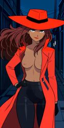 1girls _yumidreams ai_generated black_gloves black_pants breasts brown_hair carmen_sandiego carmen_sandiego_(2019) collarbone dark-skinned_female dark_skin female grey_eyes halterneck hand_on_waist inverted_nipples lipstick long_hair looking_at_viewer medium_breasts navel night nipples no_bra open_clothes open_jacket outdoors partially_clothed partially_nude partially_undressed patreon_username red_cloak red_hat red_jacket sexy_body smirk soft_breasts spandex spandex_pants spy thighs topless turtleneck wind yoga_pants