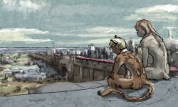 anthro city cloud collar detailed_background duo felid frown fur grey_body grey_fur hair horizon jeri_kleinlowe khajiit lagomorph leporid long_tail male mammal microsoft nude nude_anthro nude_male orange_body orange_fur overcast rabbit scut_tail sea short_tail sitting sky slave tail the_elder_scrolls water