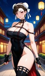 1girls ai_generated bare_shoulders black_dress breasts brown_eyes brown_hair busty chun-li earrings female hairband light-skinned_female light_skin short_dress spy_x_family stret_fighters thighs tights yor_briar_(cosplay)