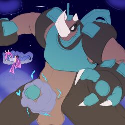 3_fingers absa absurd_res anthro armor balls black_sclera blue_body blue_fur bovid breastplate brown_body caprine claws cloud dinosaur duo female fingers fur galvan_(rivals_of_aether) genitals goat hair hi_res horn loglord142 male male/female mammal metal_plates night penis pink_hair prehistoric_species reptile rivals_of_aether scalie solo vein white_eyes