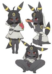 absurd_res anthro areola ass biped black_body black_hair blush breasts clothed clothing dress eeveelution female front_view generation_2_pokemon genitals grey_clothing gudlmok99 hair hi_res human human_on_anthro interspecies kneeling licking looking_at_viewer male male/female mammal nintendo nipples no_underwear oral penile penis penis_lick pokemon pokemon_(species) sex solo_focus spread_legs spread_vulva spreading thick_thighs tongue umbreon vulva
