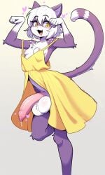 :3 ai_generated balls big_balls big_cock big_dick big_penis bottomless cat_girl catgirl cumcumpistol female furry furry_female futanari intersex large_penis nipple_slip penis purple_fur skinny sundress white_hair yellow_dress