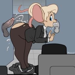 1:1 absurd_res anthro ass big_butt blonde_hair bodily_fluids bottomwear bottomwear_down clothing cum cum_in_ass cum_inside ejaculation female genital_fluids glory_hole hair hexecat hi_res leggings legwear mammal mouse murid murine office oral oral_penetration pantyhose penetration rodent skirt_down solo tammy_(lfswail) torn_clothing