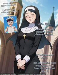 1boy ai-created ai-generated ai_generated bangs black_clover black_dress black_hair blue_sky blush breasts church closed_eyes closed_mouth clothing covered_navel cross cross_necklace day dress english_language english_text female green_eyes grey_hair habit headband headdress headwear high_resolution jewelry latin_cross long_sleeves male mature mature_female medium_breasts mole mole_under_eye navel necklace nun outdoors own_hands_together shirt sister_lily sky smile swept_bangs text traditional_nun wodstudio