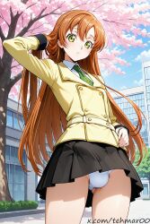 1boy ai_generated ashford_academy_uniform black_skirt bulge cherry_blossoms code_geass day femboy genderswap_(ftm) green_eyes jacket long_hair looking_at_viewer male necktie orange_hair outdoors panties pantyshot rule_63 school_uniform shirley_fenette skirt solo tagme tehmar trap tree white_panties