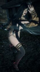 3d black_hair black_socks bottomless high_heels long_hair looking_at_viewer raven_(stellar_blade) revealing_clothes reverse_outfit screenshot serious_look stellar_blade stellarboi sweater sword thighhighs video_games yellow_sweater
