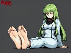 ai_generated barefoot c.c. code_geass dressed feet foot_fetish foot_focus gigatsu green_hair pixel_art simple_background sitting sole_female soles toes
