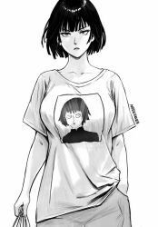 1girls 2d adult adult_female artist_name artist_signature asian asian_female baggy_clothing baggy_shirt black_and_white black_hair busty carrying_bag curvy curvy_figure esper female_only fubuki_(one-punch_man) fully_clothed graphic_tee hand_in_pocket heroine human human_female human_only japanese japanese_female light-skinned_female light_skin looking_at_viewer missfaves no_sex one-punch_man pants pointy_chin short_hair short_hair_female simple_background solo solo_female standing straight_hair superheroine t-shirt upper_body white_background