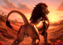 ai_generated anus armor ass balls blp brown_body brown_fur brown_mane clothed clothed_feral clothing cloud detailed_background ears_back felid feral flower fur genitals grass hi_res inner_ear_fluff light lighting lion looking_at_viewer looking_back looking_back_at_viewer male mammal mane metal_armor multicolored_body multicolored_fur orange_eyes outside pantherine perineum pink_anus pink_nose pivoted_ears plant presenting presenting_hindquarters raised_tail reflective_surface solo standing sunlight sunset tail_aside tail_tuft three-quarter_view tree tuft whisker_spots white_balls white_body white_fur white_perineum y_anus yellow_body yellow_fur