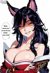 ? ahri ai_generated bare_shoulders bboing_ai big_breasts black_hair blackmail braided_ponytail cleavage clenched_teeth crossed_arms default_ahri empty_eyes evil_smile fox fox_ear fox_ears fox_girl glowing_eyes league_of_legends league_of_legends:_wild_rift open_mouth shaded shaded_face slit_pupils smile speech_bubble yellow_eyes