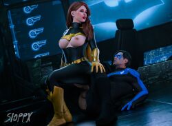 1boy 1girls 3d 3d_(artwork) barbara_gordon barbara_gordon_(gotham_knights) batcave batgirl batgirl_(gotham_knights) batman_(series) blender blender_(software) breasts breasts_out cock cowgirl_position dc dc_comics dick dick_grayson female gotham_knights male nightwing on_top penis reverse_cowgirl_position riding_penis ripped_bodysuit ripped_clothing sioppx spandex spandex_suit vagina vaginal_insertion vaginal_penetration vaginal_sex