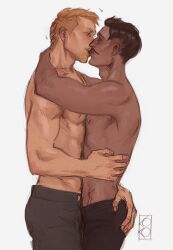 2boys arm_around_neck artist_signature ass_grab bara biceps blonde_hair blush closed_eyes cuddling cullen_rutherford dark-skinned_male dark_hair dark_skin dorian_pavus dragon_age dragon_age_inquisition duo facial_hair gay gay_male grabbing_ass grabbing_head head_grab holding_partner human kissing kokoko-sir light-skinned_male light_skin looking_pleasured mage male male/male male_only moustache muscles muscular muscular_male nipples pants pecs shirtless straight_male video_games yaoi