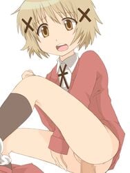 bottomless brown_eyes brown_hair censored hidamari_sketch lowres penis school_uniform sex short_hair ta_(tama20150125) vaginal_penetration white_background yuno