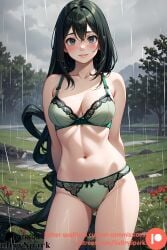1girls ai_generated artist_name boku_no_hero_academia breasts commission female female female_only girl green_eyes green_hair green_lingerie lingerie long_hair looking_at_viewer medium_breasts my_hero_academia outdoors patreon patreon_username solo solo_female sultryspark teenager tsuyu_asui