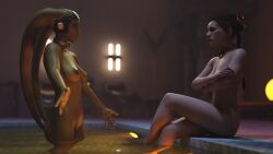 2girls 3d alexbridger arm_over_breasts arms_open bath bathing bathroom braided_hair brown_eyes brown_hair crossed_arms crossed_legs dark_room femsub green_skin harem harem_girl headwear imminent_hug in_water indoor_pool inviting jabba's_palace large_breasts long_hair medium_breasts naked nude nude_female oola pool princess_leia_organa pussy reluctant return_of_the_jedi sad sitting slave slave_collar slave_leia slavegirl standing_in_water star_wars submissive_female twi'lek water