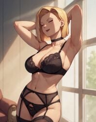 1girls ai_generated alex-schura alex_schura android_18 arms_up big_breasts black_bra black_lingerie black_panties blonde_hair bra closed_eyes curvaceous curvy_female dragon_ball dragon_ball_z female_only garter_belt garter_straps large_breasts lingerie mature_female milf panties short_hair shounen_jump smiling stockings voluptuous voluptuous_female