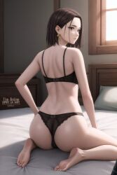 1female 1girls ai_generated bed bedroom big_breasts bra breasts female female_only hi_res high_resolution highres light-skinned_female lingerie looking_away panties short_hair solo solo_female tachibana_kotoha tagme wariza wind_breaker window