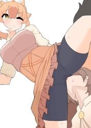 1boy animal_ear_fluff animal_ears bike_shorts black_shorts blush breasts brown_hair brown_shirt cameltoe captain_(kemono_friends) closed_mouth commentary_request cunnilingus cunnilingus_through_clothes dhole_(kemono_friends) dog_ears feet_out_of_frame female hair_between_eyes high-waist_skirt highres kemono_friends kemono_friends_3 large_breasts leg_up long_bangs multicolored_hair ollie_(ollie_stratos) one_eye_closed oral shirt short_hair shorts shorts_under_skirt simple_background skirt smile solo_focus straight white_background white_hair