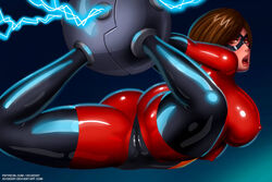 1girls arms_behind_back armwear ass big_breasts bodysuit bondage breasts cameltoe cleavage clothing disney elastigirl eyewear female female_only footwear handwear helen_parr large_breasts latex legwear looking_back mask on_back pixar smooth_skin solo svoidist the_incredibles