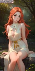 1girls 2024 ai_generated beautiful_background blue_eyes breasts crossed_legs dress female female_human female_only girl golden_dress long long_hair pink_lips red_hair slim slim_girl slim_waist soli_sketch thighs waist yellow_dress