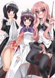 3futas abubu balls_under_clothes black_hair blue_eyes blurry blush bottomless_skirt bulge clothing cock_sleeve cock_sleeve_(clothes) condom dickgirl dress dress_lift embarrassed_nude_futa erection erection_under_clothes erection_under_skirt flat_chest futa_only futa_sans_balls futa_with_futa futanari garters henrietta_de_tristain highres intersex jpeg_artifacts long_hair louise_francoise_le_blanc_de_la_valliere maid multiple_futa penis penis_bulge penis_ornament penis_out penis_ribbon penis_under_clothes penis_under_skirt pink_eyes pink_hair purple_hair pussy ribbon short_hair siesta skirt skirt_lift stockings tenting thighhighs zero_no_tsukaima