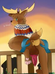 animal_crossing anthro antlers anus ass_grab backsack blush bruce_(animal_crossing) butt erik_(animal_crossing) feet furry gay ghost_hands green_eyes hands_on_ass knot knotted_penis male/male male_only moose nintendo tail text waffles_latte