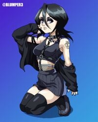 black_hair bleach blumper3 curvy curvy_figure female female_focus female_only kuchiki_rukia lip_piercing necklace pale-skinned_female pale_skin piercing punk short_hair small_breasts streetwear tattoo tattoo_on_arm tights