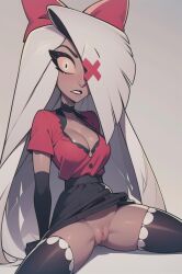 ai_generated black_thighhighs cleavage dark_skin exposed_pussy hazbin_hotel lifted_skirt partially_clothed pink_sclera pussy red_bow red_shirt spread_legs thighhighs vaggie_(hazbin_hotel) vagina white_hair