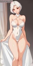 ai_generated anime anime_style big_breasts breasts dress female female_only legs red_eyes soli_sketch solo solo_female thick_thighs thighs white_dress white_hair