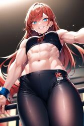 1girl ai_generated blue_eyes cowboy_shot fighting_gloves flat_chest freckles ginger_hair glowing_eyes long_hair looking_at_viewer low-angle_view muscular_female original original_character tomboy toned ufc