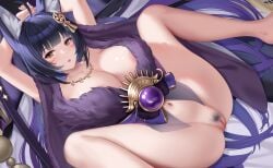 1girls azur_lane bottomless hair_ornament hairy_pussy hong_bai laying_down legs_apart light-skinned_female light_skin long_hair m_legs musashi_(azur_lane) presenting_pussy pubic_hair purple_hair sakura_empire_(azur_lane)