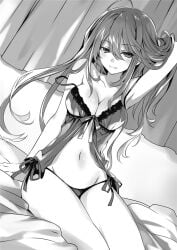 armpits bare_arms bare_legs bare_shoulders bare_thighs belly_button big_breasts black_and_white breasts date_a_live hand_on_hair kyouno_natsumi lingerie long_hair mouth_closed nightgown novel_illustration official_art panties shoulder_pads smile thick_thighs thighs tsunako