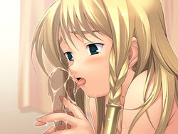 blonde_hair braid cheryl fellatio game_cg green_eyes honda_naoki invisible_penis long_hair marsworth oral penis saliva sex side_braid sweat tears tongue