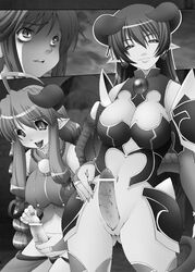 1girls 2futas artist_request astaroth_(shinrabanshou) black_sclera breasts censored clothing demon female futa_sans_balls futanari horns intersex large_breasts masturbation monochrome multiple_girls penis pink_bloom_miyabi pointless_censoring pointy_ears saliva shinrabanshou tail tongue