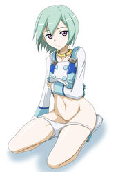 1girls bottomless collar eureka eureka_7 eureka_seven eureka_seven_(series) female female_only midriff no_pants no_pussy non non_(number) panties panty_pull pointy_chin purple_eyes pussy shirt_lift shoes short_hair sitting smile solo underwear