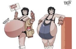 1girls belly black_hair bloated_belly bra eightxl fat huge_belly onomatopoeia panties sign small_breasts smile soda soda_bottle